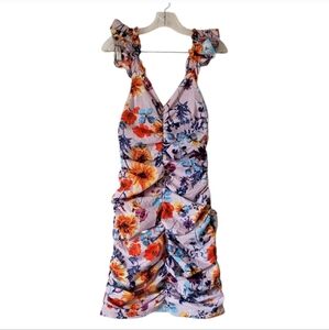 New Womens Violet Floral Ruching Dress Zipper Ruffle Straps Cotton‎ Size 4 NWT